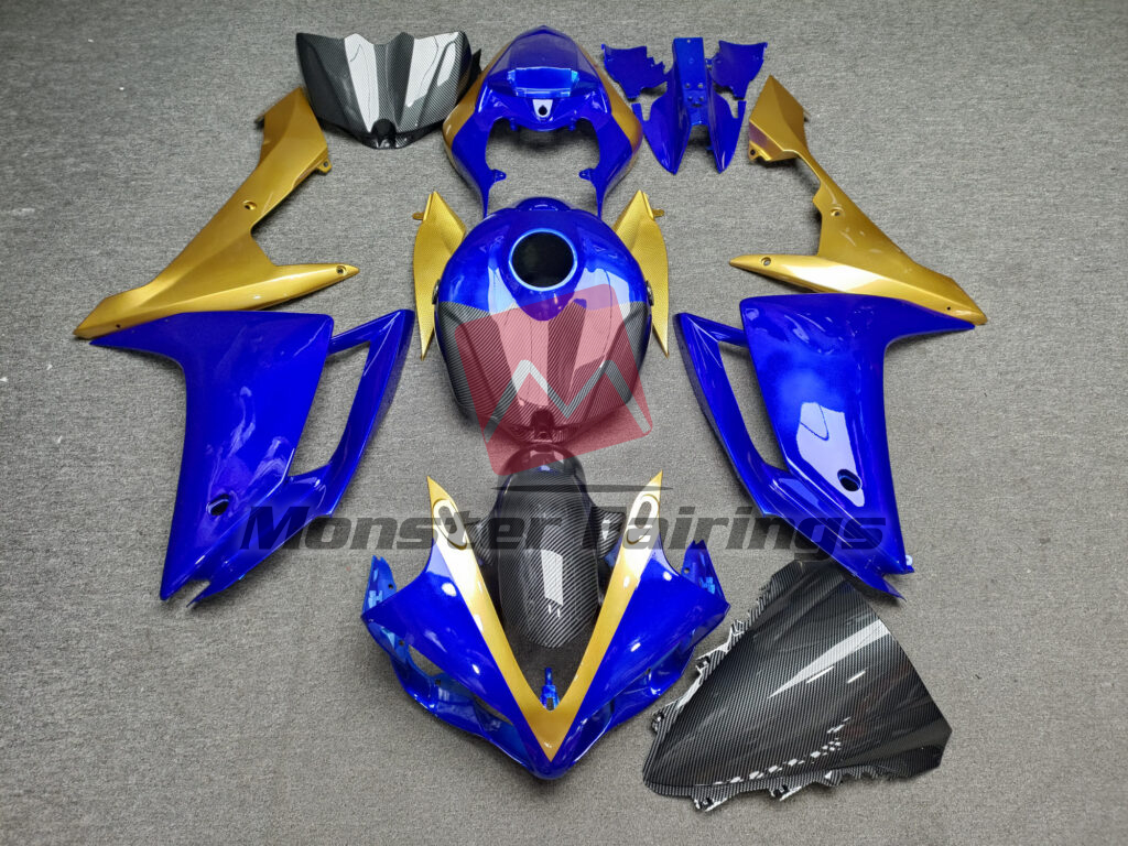 Yamaha R1 2007 - 2008 Gloss Blue & Yellow With Carbon Fiber Style ABS fairings - custom motorcycle bodywork kit by Monster Fairings