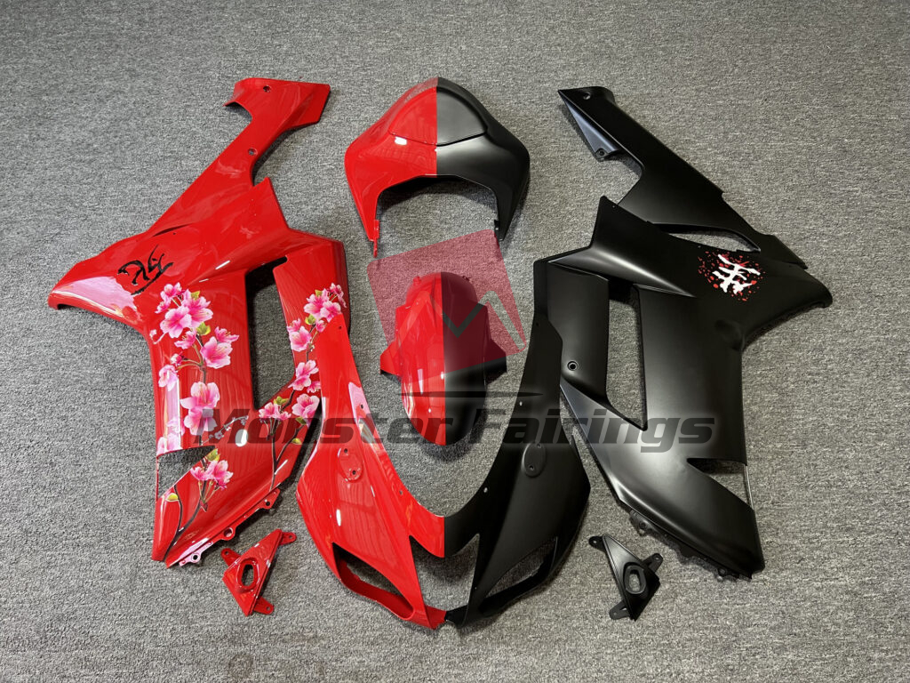 Kawasaki ZX6R 2007 - 2008 Matte Black & Gloss Red Cherry Blossom Split ABS fairings - custom motorcycle bodywork kit by Monster Fairings