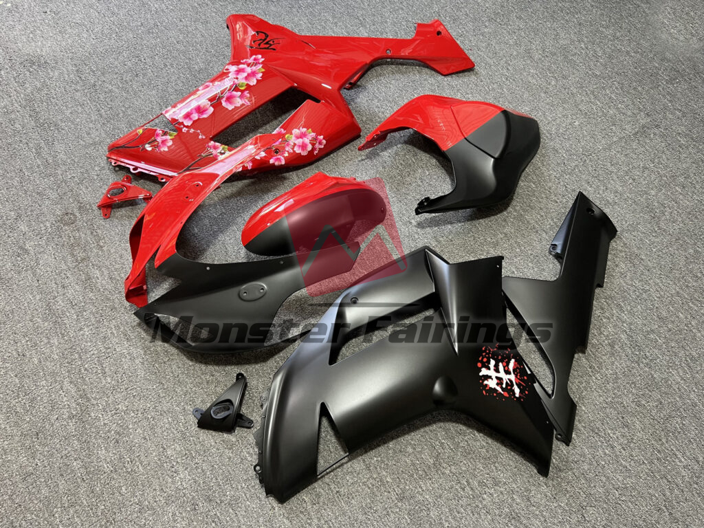 Kawasaki ZX6R custom ABS fairings 2007 - 2008 in Matte Black & Gloss Red Cherry Blossom Split - durable replacement kit, Monster Fairings