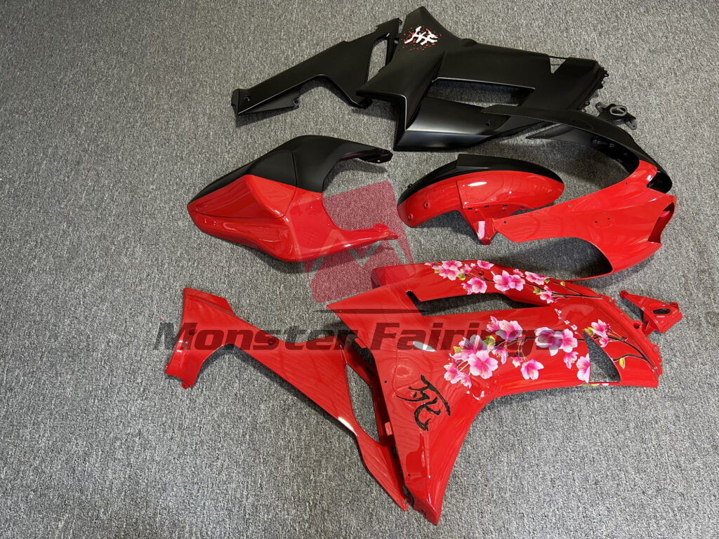 2007 - 2008 Kawasaki ZX6R Matte Black & Gloss Red Cherry Blossom Split fairing set - ABS injection, custom painted by Monster Fairings