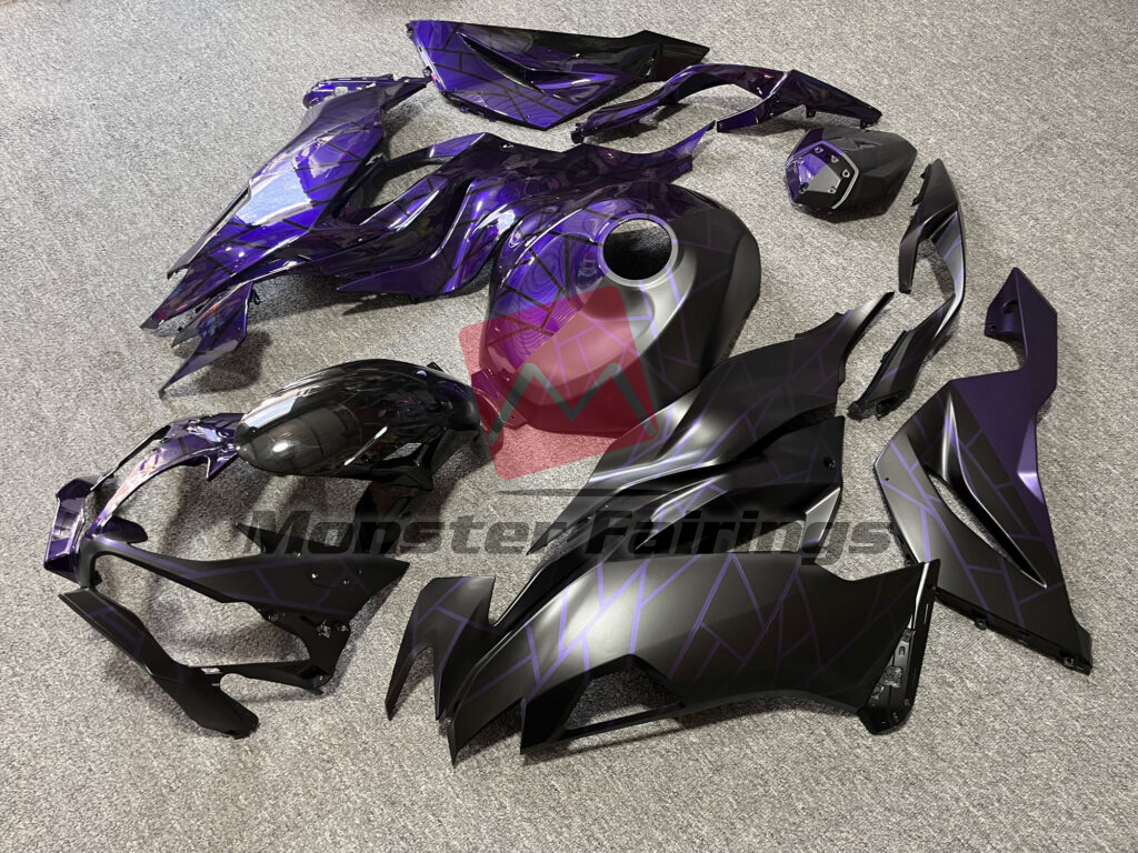 Kawasaki ZX6R custom ABS fairings 2019 - 2023 in Gloss Purple & Matte Black Pattern Split - durable replacement kit, Monster Fairings