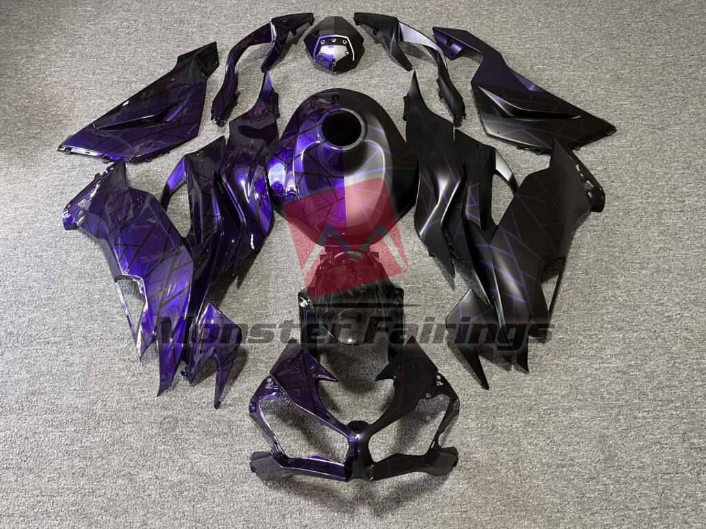 Kawasaki ZX6R 2019 - 2023 Gloss Purple & Matte Black Pattern Split ABS fairings - custom motorcycle bodywork kit by Monster Fairings