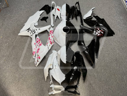Suzuki GSXR 600-750 2008-2010 Gloss Black & White Cherry Blossom Split ABS Fairings | Monster Fairings