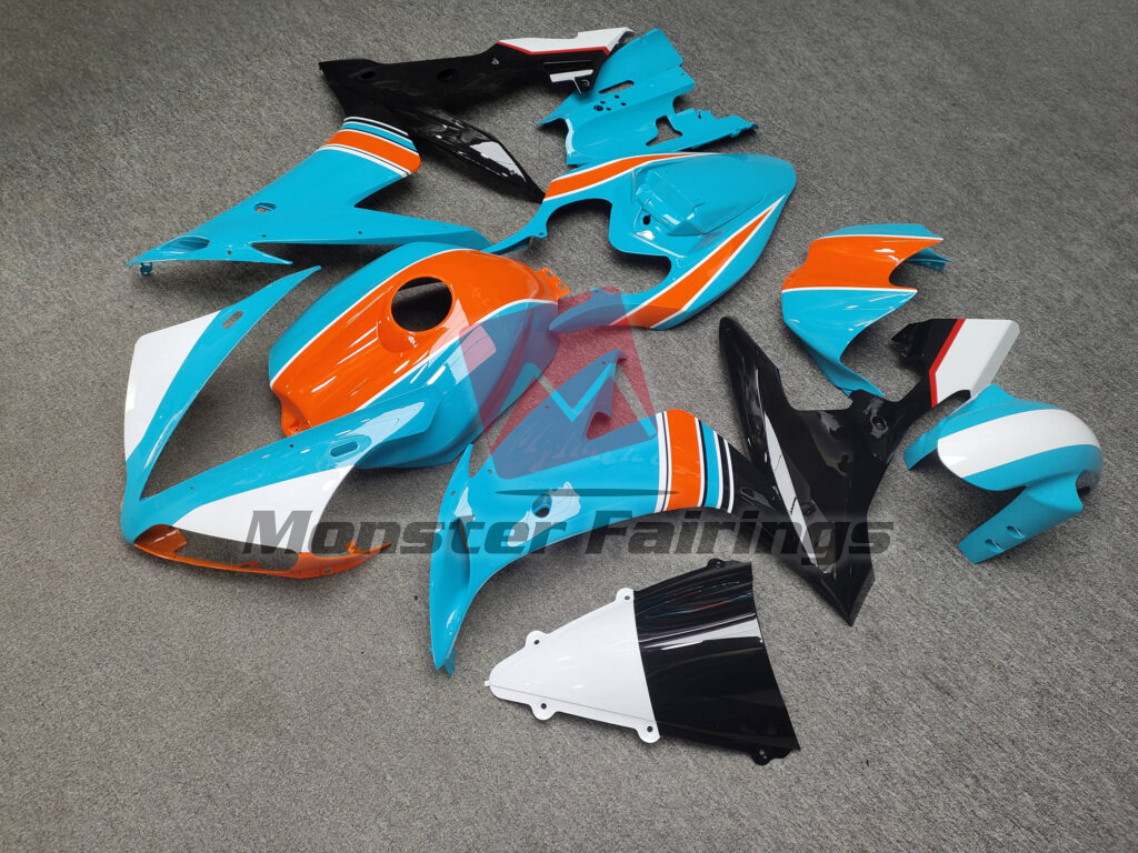 2004 - 2006 Yamaha R1 Gloss Light Blue & Orange With Black fairing set - ABS injection, custom painted by Monster Fairings