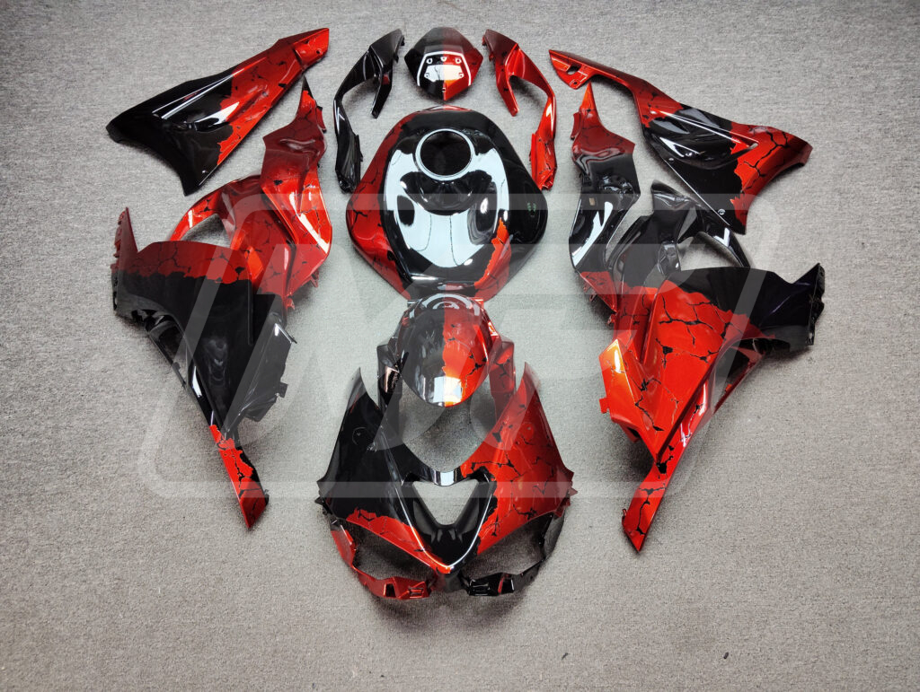 Kawasaki ZX6R 2024 - 2025 Gloss Black & Red Wreckage ABS fairings - custom motorcycle bodywork kit by Monster Fairings