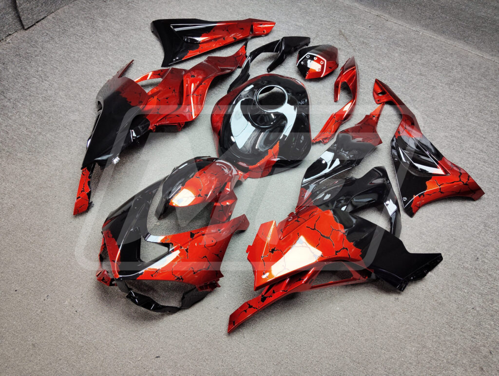 2024 - 2025 Kawasaki ZX6R Gloss Black & Red Wreckage fairing set - ABS injection, custom painted by Monster Fairings