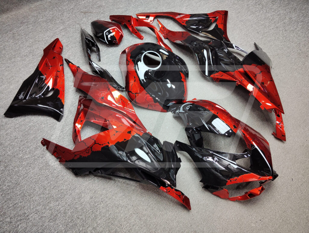 Monster Fairings ABS fairing kit for Kawasaki ZX6R 2024 - 2025 - Gloss Black & Red Wreckage, precise OEM fit