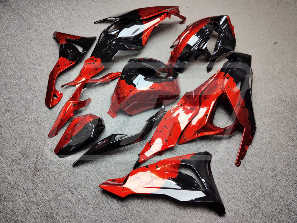 Kawasaki ZX6R 2024 - 2025 ABS fairings, Gloss Black & Red Wreckage - high - quality motorcycle kit by Monster Fairings