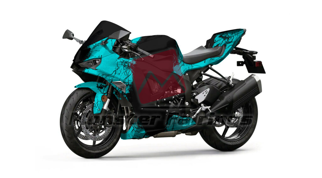 Kawasaki ZX6R custom ABS fairings 2024 - 2025 in Gloss Black & Cyan Wreckage - durable replacement kit, Monster Fairings
