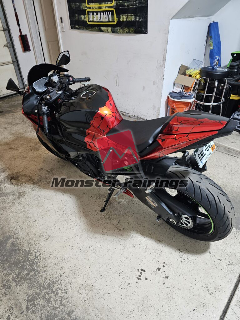 Kawasaki ZX6R custom ABS fairings 2024 - 2025 in Gloss Black & Red Wreckage - durable replacement kit, Monster Fairings