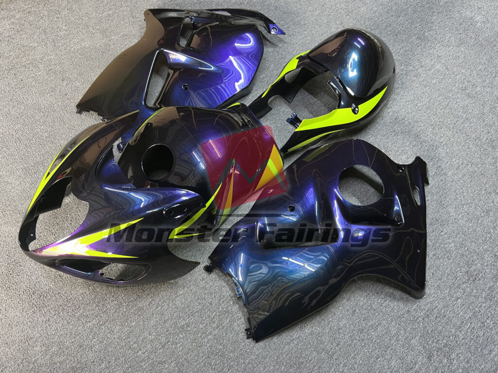 Suzuki GSXR 1300 custom ABS fairings 1997 - 2007 in Gloss Purple Gradient With High Vis Yellow - durable replacement kit, Monster Fairings
