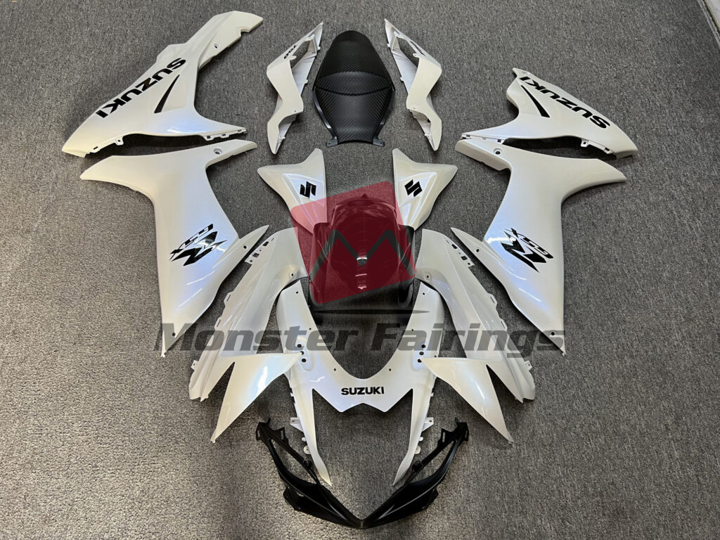 Suzuki GSXR 600 - 750 2011 - 2025 Gloss Pearl White With Gloss Black ABS fairings - custom motorcycle bodywork kit by Monster Fairings