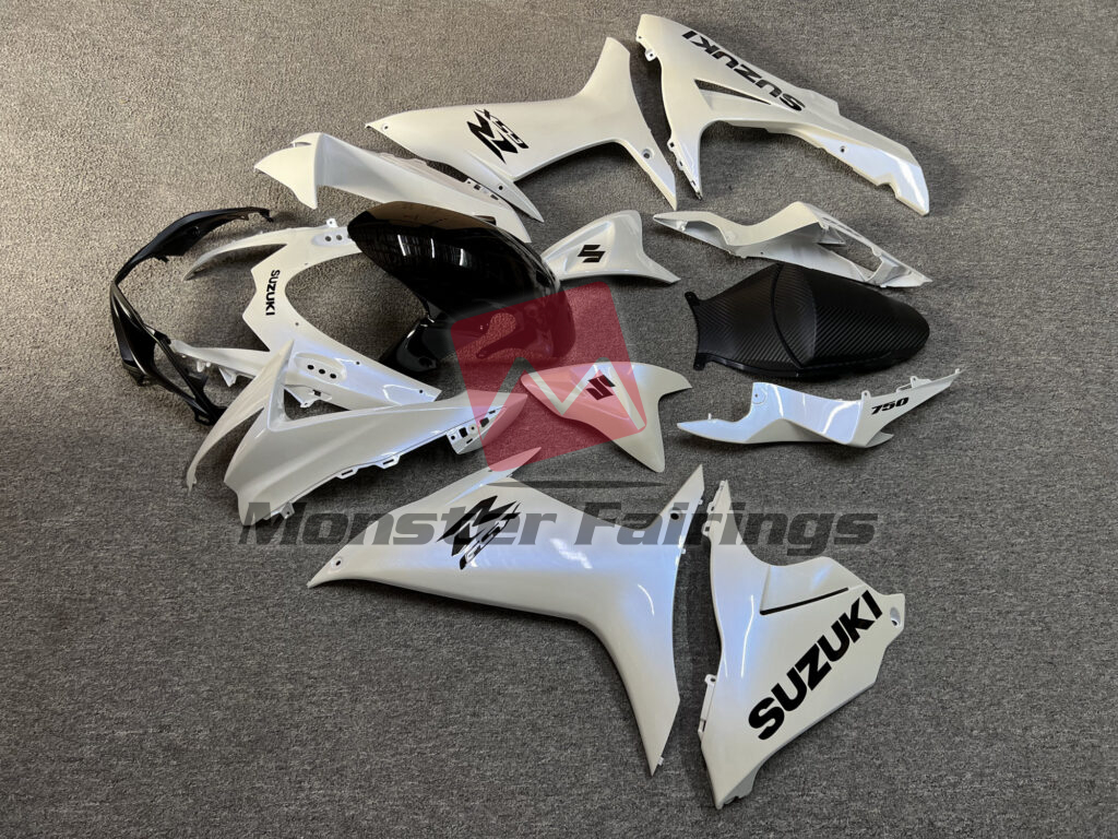 Suzuki GSXR 600 - 750 custom ABS fairings 2011 - 2025 in Gloss Pearl White With Gloss Black - durable replacement kit, Monster Fairings
