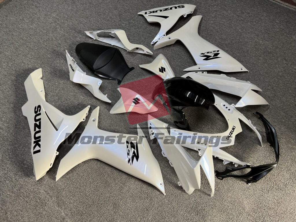 2011 - 2025 Suzuki GSXR 600 - 750 Gloss Pearl White With Gloss Black fairing set - ABS injection, custom painted by Monster Fairings