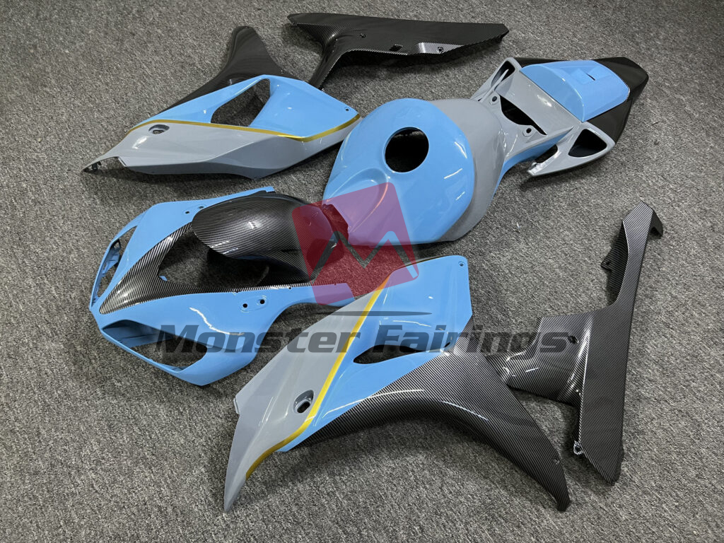 Honda CBR1000RR custom ABS fairings 2006 - 2007 in Gloss Nardo Gray & Light Blue With Carbon Fiber Style - durable replacement kit, Monster Fairings
