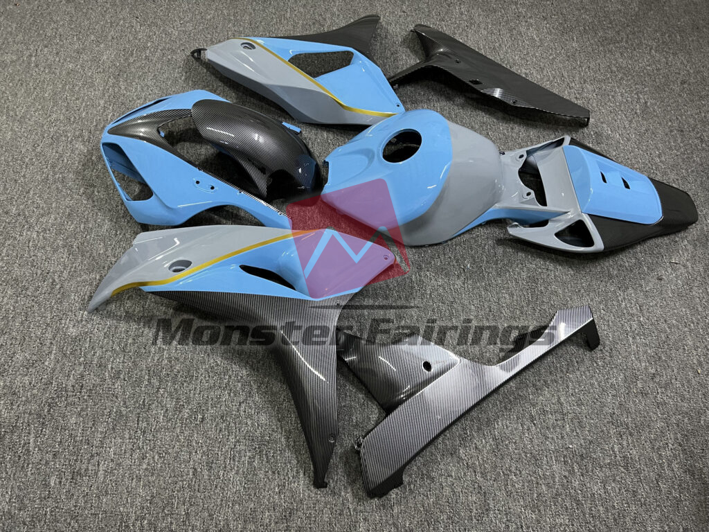 2006 - 2007 Honda CBR1000RR Gloss Nardo Gray & Light Blue With Carbon Fiber Style fairing set - ABS injection, custom painted by Monster Fairings