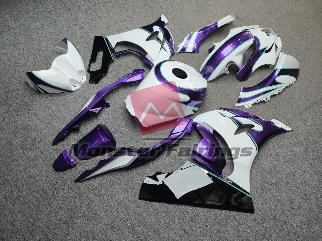 2017 - 2025 Suzuki GSXR 1000 Gloss White With Purple & Black fairing set - ABS injection, custom painted by Monster Fairings