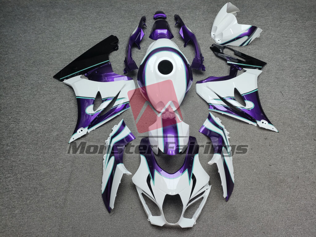 Suzuki GSXR 1000 2017 - 2025 Gloss White With Purple & Black ABS fairings - custom motorcycle bodywork kit by Monster Fairings