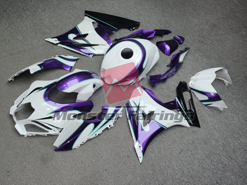 Gloss White With Purple & Black ABS fairings for Suzuki GSXR 1000 2017 - 2025 - premium OEM fit kit by Monster Fairings