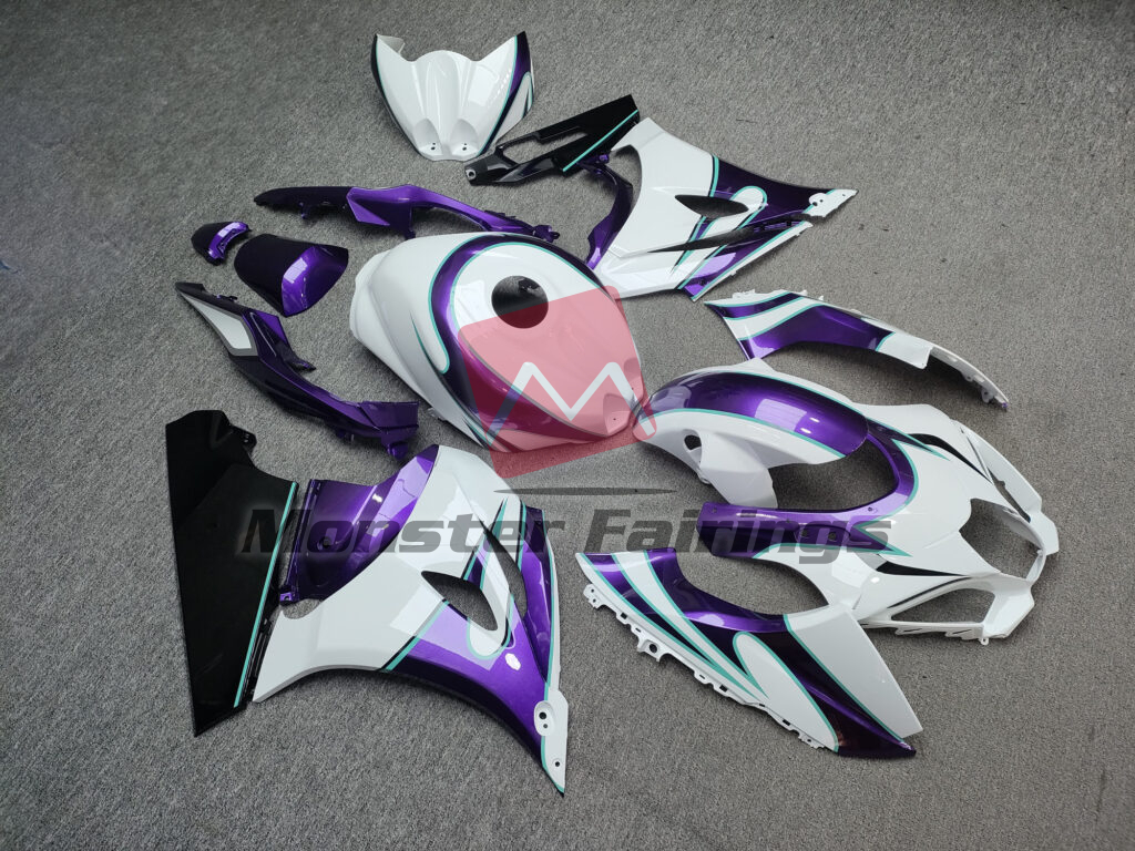 Suzuki GSXR 1000 custom ABS fairings 2017 - 2025 in Gloss White With Purple & Black - durable replacement kit, Monster Fairings
