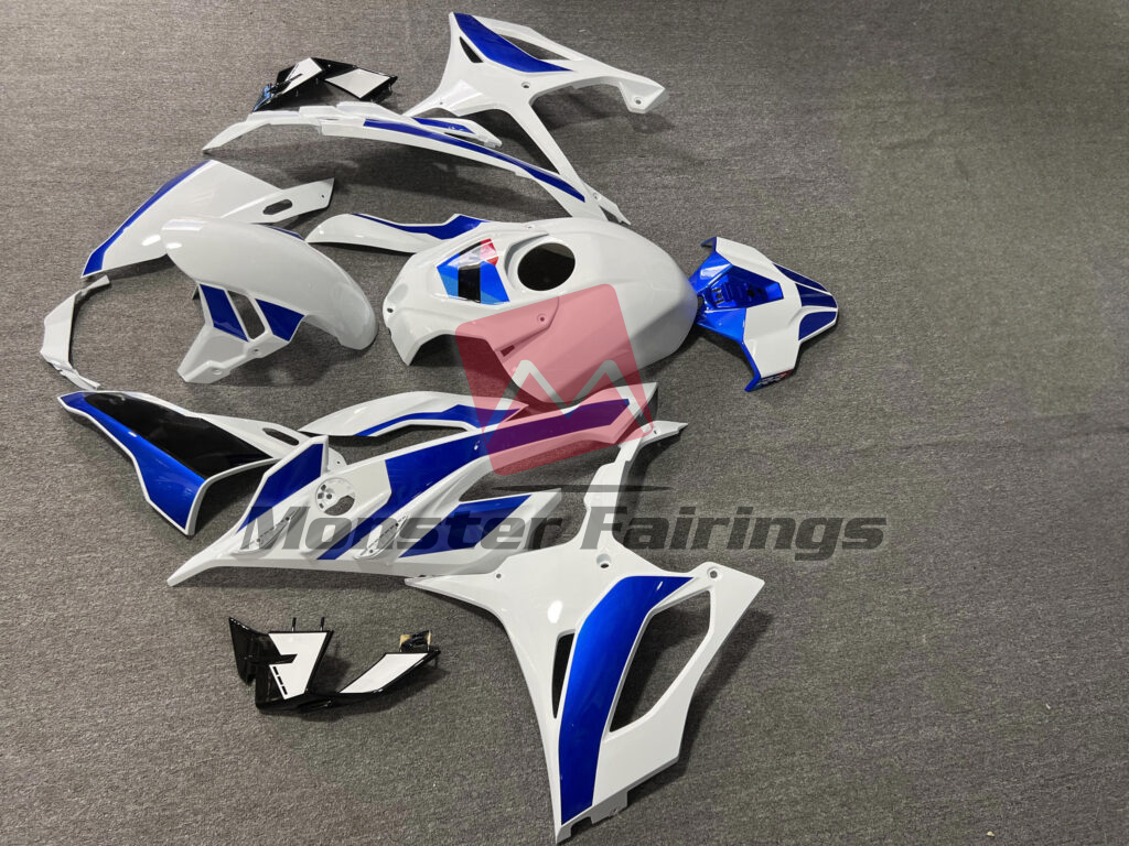 2023 - 2024 BMW S1000RR Gloss White & Blue With Black fairing set - ABS injection, custom painted by Monster Fairings