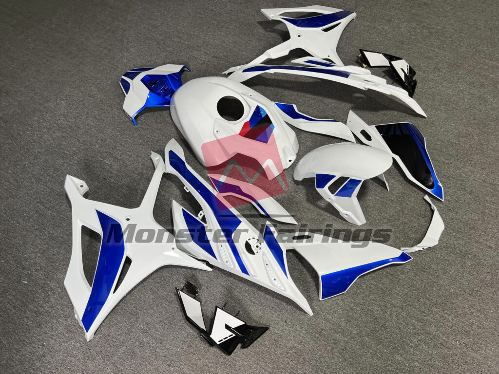 BMW S1000RR custom ABS fairings 2023 - 2024 in Gloss White & Blue With Black - durable replacement kit, Monster Fairings