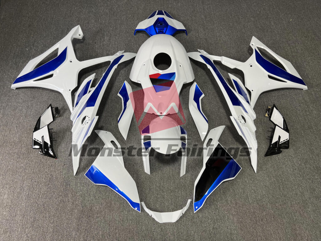 BMW S1000RR 2023 - 2024 Gloss White & Blue With Black ABS fairings - custom motorcycle bodywork kit by Monster Fairings