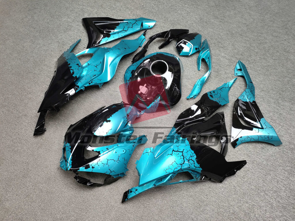 Kawasaki ZX6R 2024 - 2025 ABS fairings, Gloss Black & Cyan Wreckage - high - quality motorcycle kit by Monster Fairings
