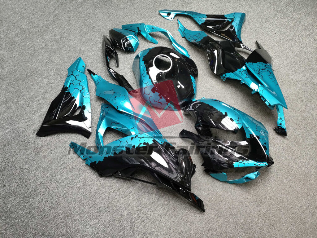 Monster Fairings ABS fairing kit for Kawasaki ZX6R 2024 - 2025 - Gloss Black & Cyan Wreckage, precise OEM fit