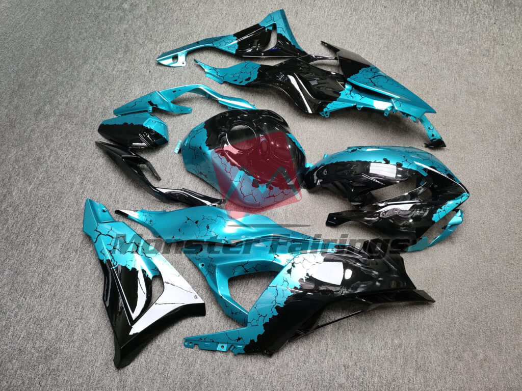 2024 - 2025 Kawasaki ZX6R Gloss Black & Cyan Wreckage fairing set - ABS injection, custom painted by Monster Fairings