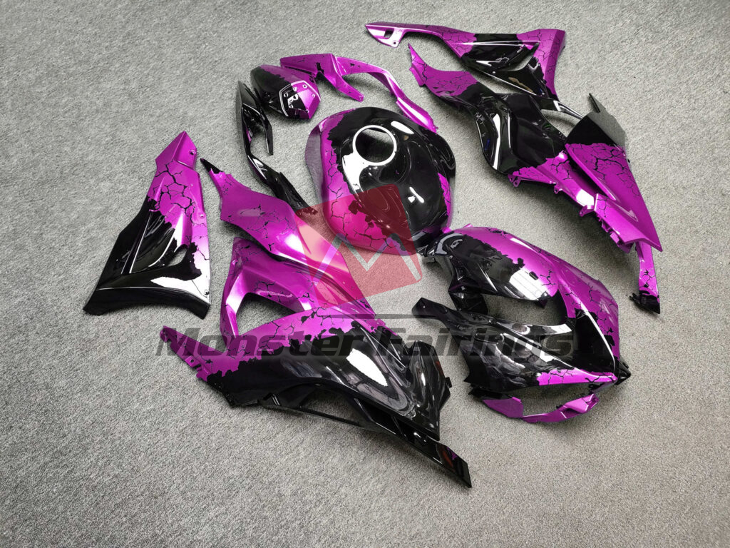 Kawasaki ZX6R custom ABS fairings 2024 - 2025 in Gloss Black & Pink Wreckage - durable replacement kit, Monster Fairings