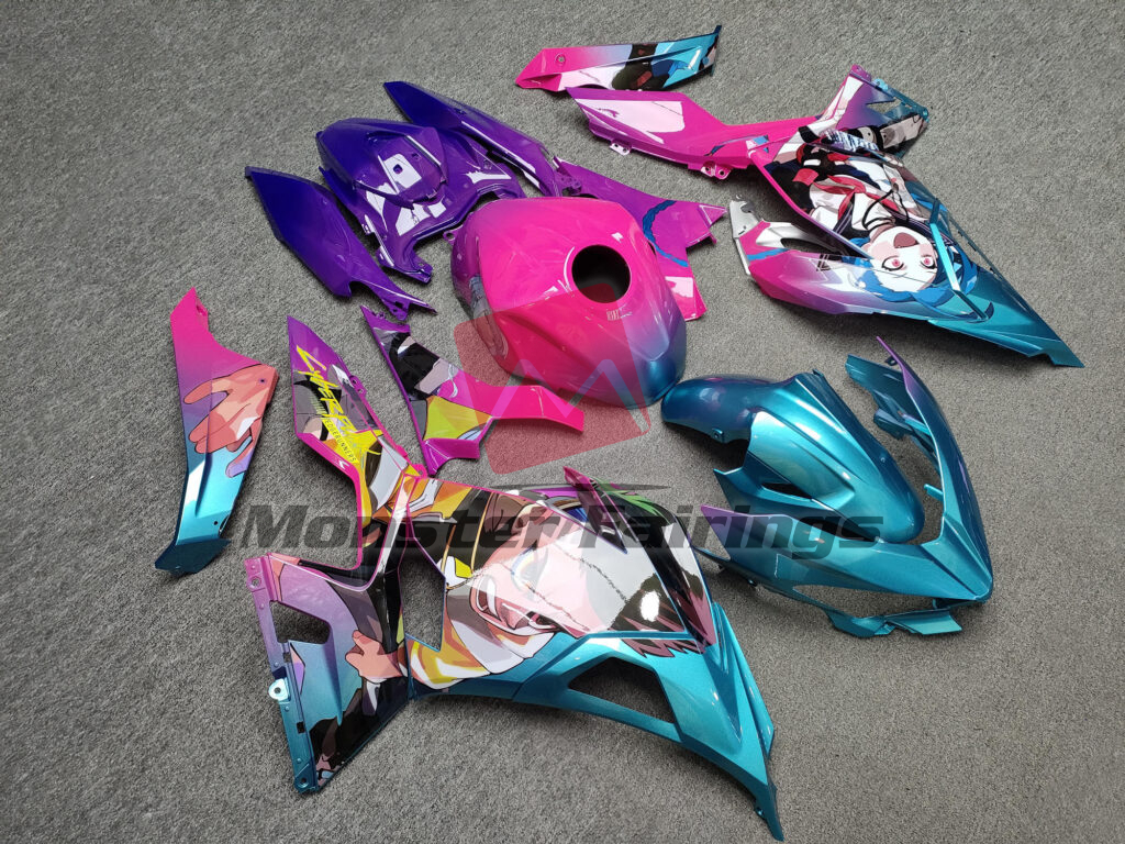 Monster Fairings ABS fairing kit for Kawasaki Ninja 400 2018 - 2024 - Gloss Cyan, Pink & Purple Custom Gradient, precise OEM fit