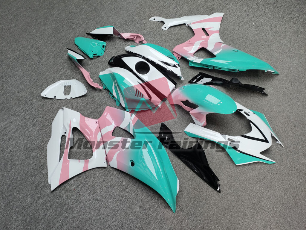 2021 - 2025 Yamaha R7 Gloss Aqua Baby Pink & White Flames fairing set - ABS injection, custom painted by Monster Fairings