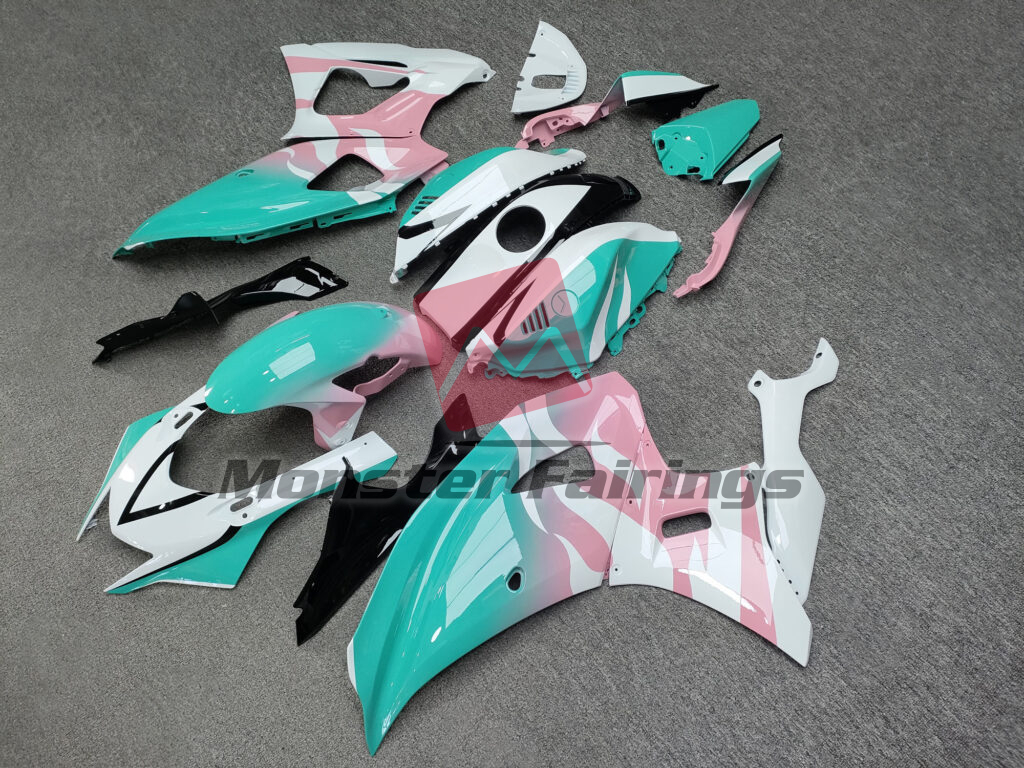 Monster Fairings ABS fairing kit for Yamaha R7 2021 - 2025 - Gloss Aqua Baby Pink & White Flames, precise OEM fit
