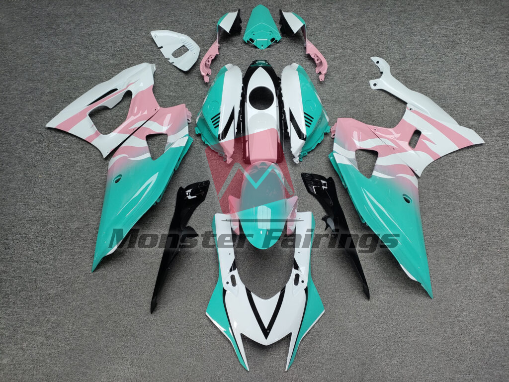 Yamaha R7 2021 - 2025 Gloss Aqua Baby Pink & White Flames ABS fairings - custom motorcycle bodywork kit by Monster Fairings