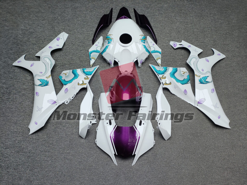 Yamaha R1 2020 - 2025 Gloss White & Purple Haku ABS fairings - custom motorcycle bodywork kit by Monster Fairings