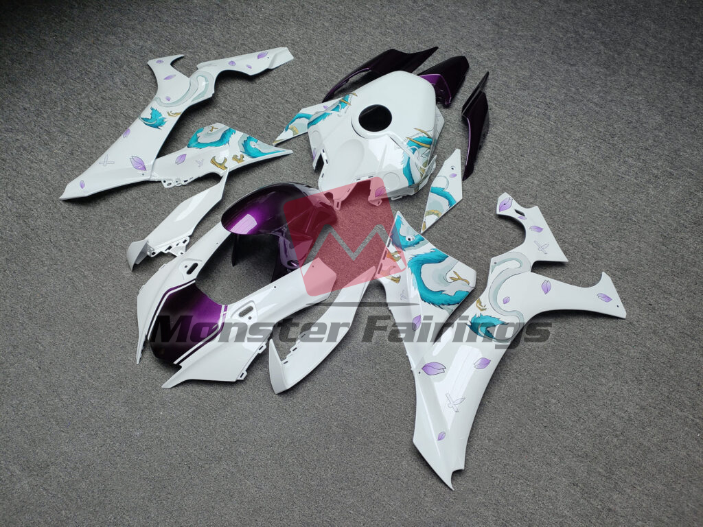 Yamaha R1 custom ABS fairings 2020 - 2025 in Gloss White & Purple Haku - durable replacement kit, Monster Fairings