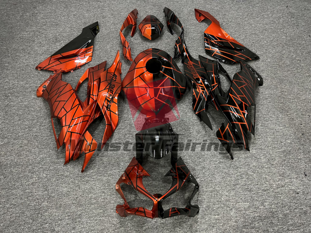 Kawasaki ZX6R 2019 - 2023 Gloss Black & Sunrise Metallic Orange Pattern Split ABS fairings - custom motorcycle bodywork kit by Monster Fairings