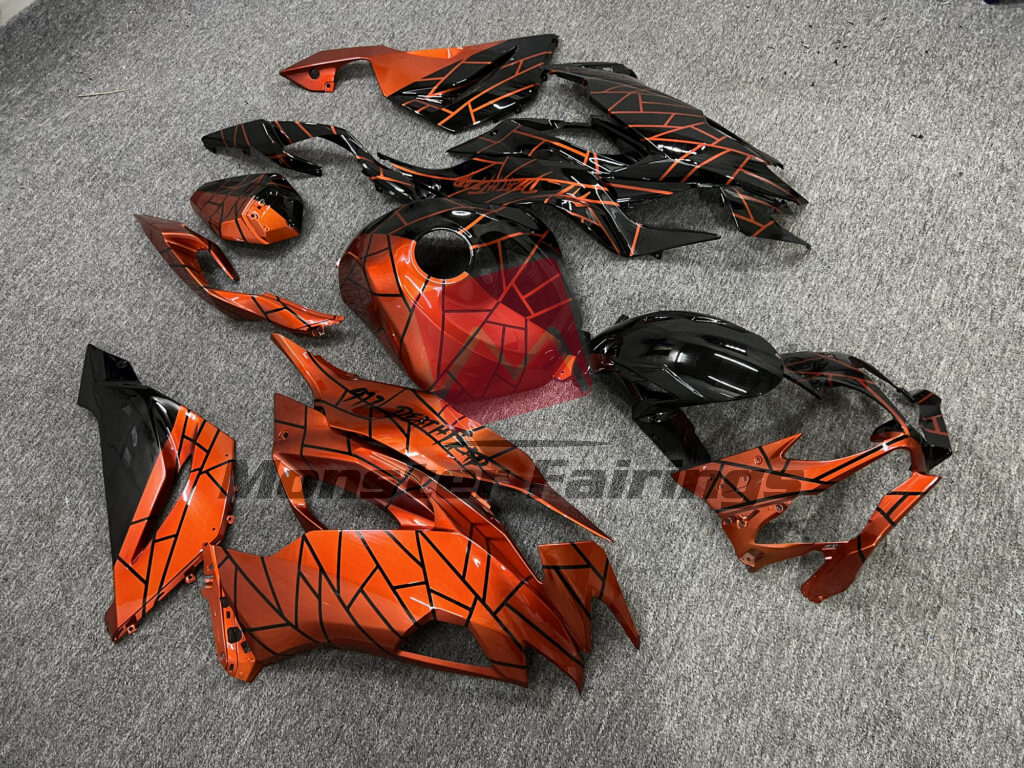 Gloss Black & Sunrise Metallic Orange Pattern Split ABS fairings for Kawasaki ZX6R 2019 - 2023 - premium OEM fit kit by Monster Fairings