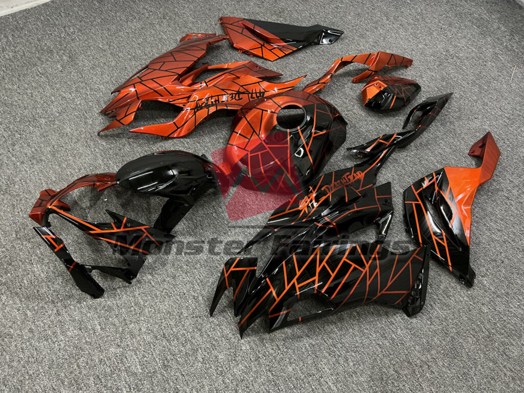 Kawasaki ZX6R custom ABS fairings 2019 - 2023 in Gloss Black & Sunrise Metallic Orange Pattern Split - durable replacement kit, Monster Fairings