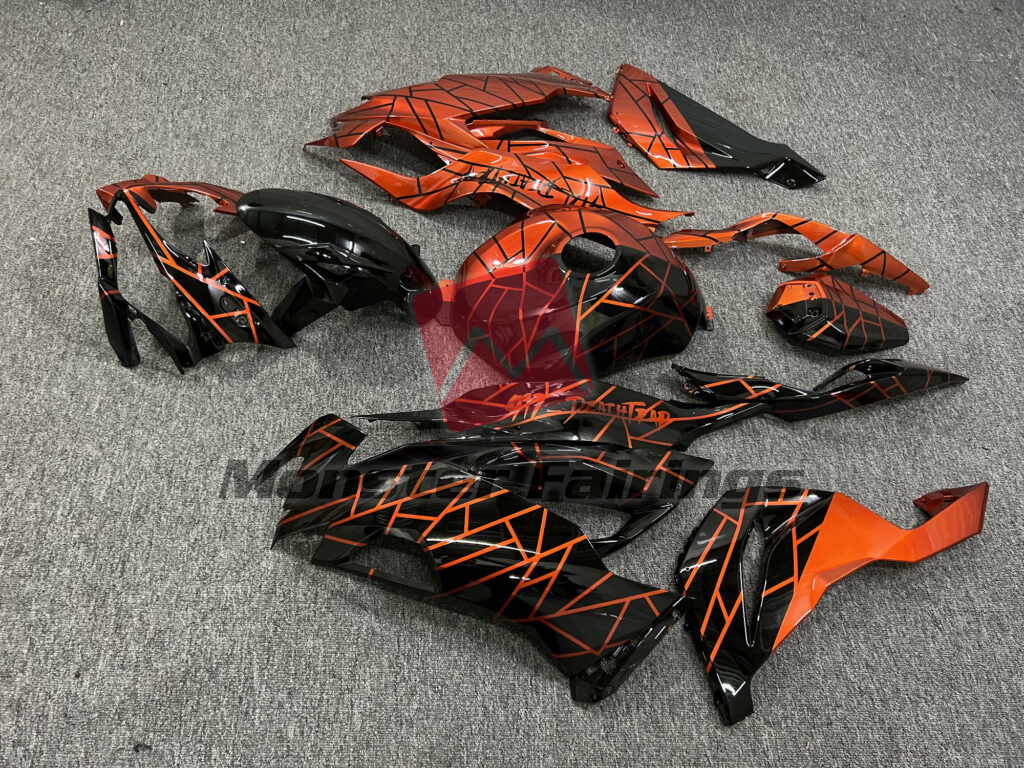 2019 - 2023 Kawasaki ZX6R Gloss Black & Sunrise Metallic Orange Pattern Split fairing set - ABS injection, custom painted by Monster Fairings