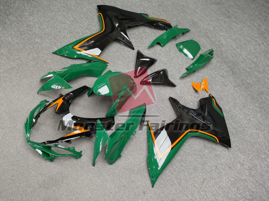 Suzuki GSXR custom ABS fairings 2011 - 2025 in Gloss Green & Black With Orange - durable replacement kit, Monster Fairings