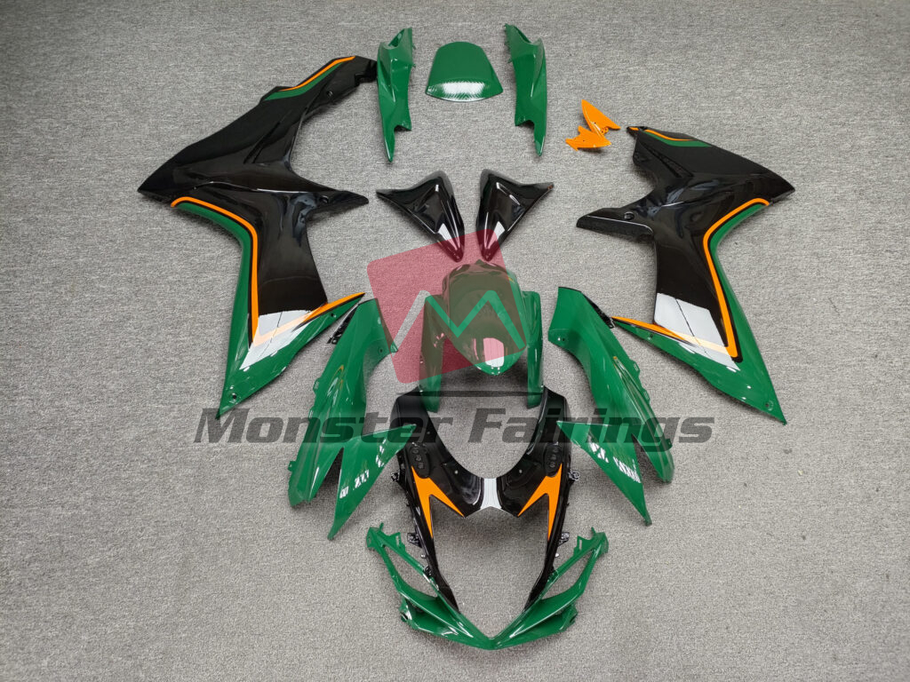 Suzuki GSXR 600 - 750 2011 - 2025 Gloss Green & Black With Orange ABS fairings - custom motorcycle bodywork kit by Monster Fairings