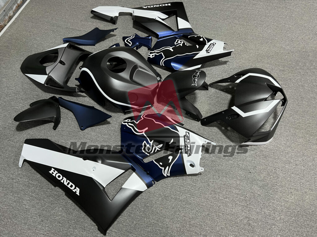 2013 - 2025 Honda CBR600RR Matte Carbon Fiber Style With Black & Blue Bull fairing set - ABS injection, custom painted by Monster Fairings