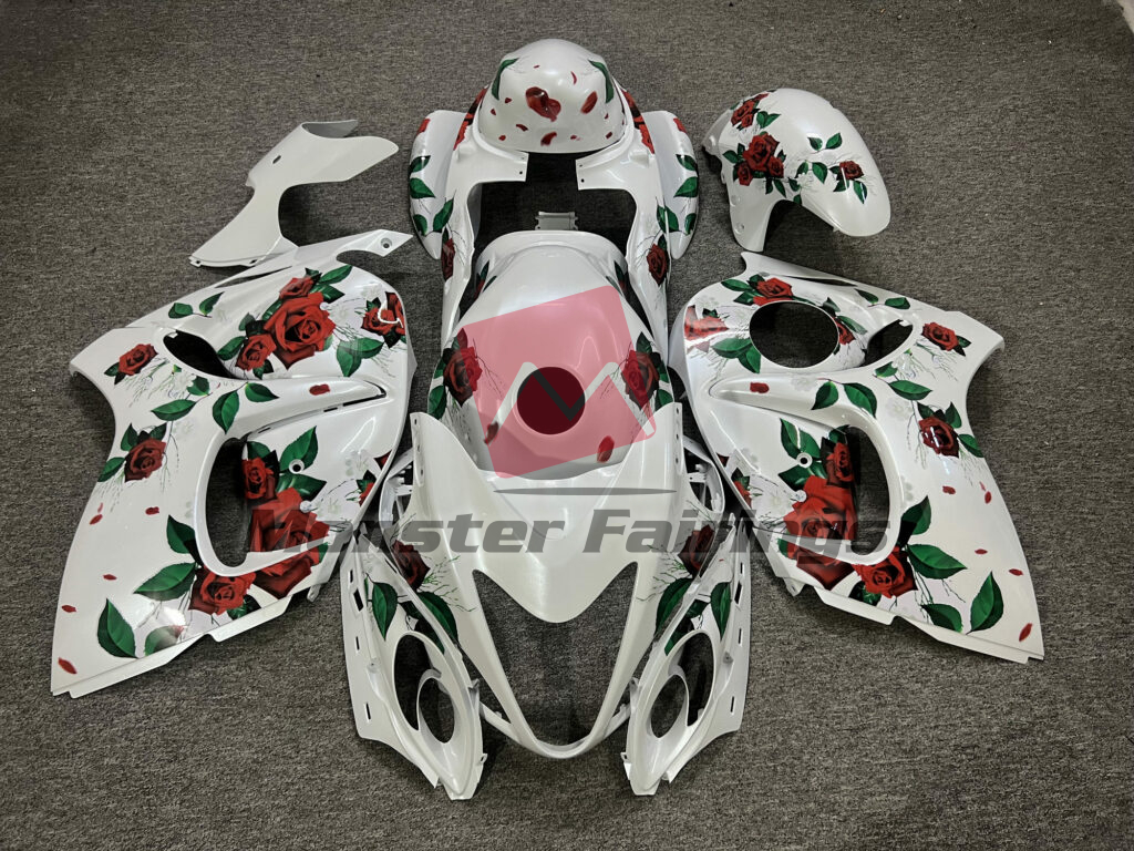 Suzuki GSXR 1300 2008 - 2020 Gloss Pearl White With Roses ABS fairings - custom motorcycle bodywork kit by Monster Fairings