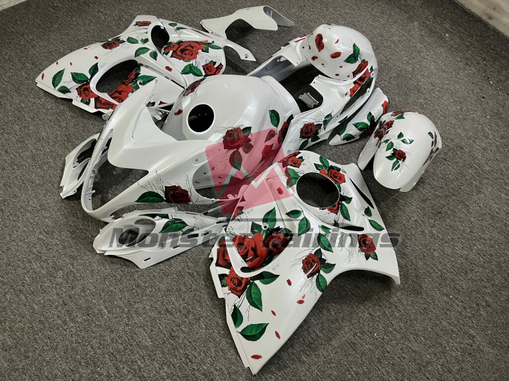 2008 - 2020 Suzuki GSXR 1300 Gloss Pearl White With Roses fairing set - ABS injection, custom painted by Monster Fairings