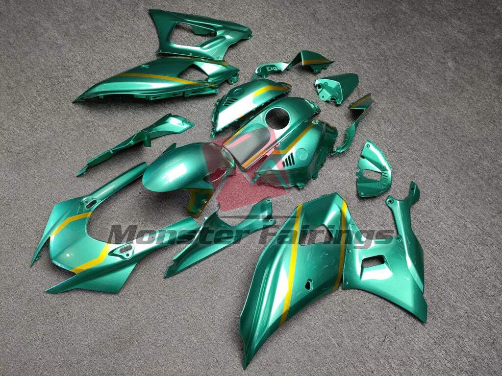 2021 - 2025 Yamaha R7 Gloss Emerald Green With Gold fairing set - ABS injection, custom painted by Monster Fairings