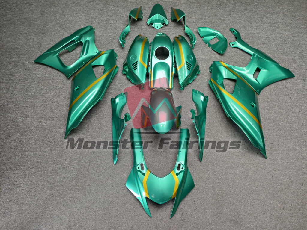 Yamaha R7 2021 - 2025 Gloss Emerald Green With Gold ABS fairings - custom motorcycle bodywork kit by Monster Fairings