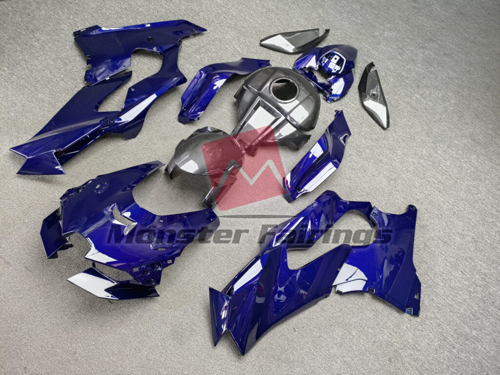 Kawasaki ZX10R custom ABS fairings 2021 - 2025 in Gloss Blue & Black Carbon Fiber Style - durable replacement kit, Monster Fairings