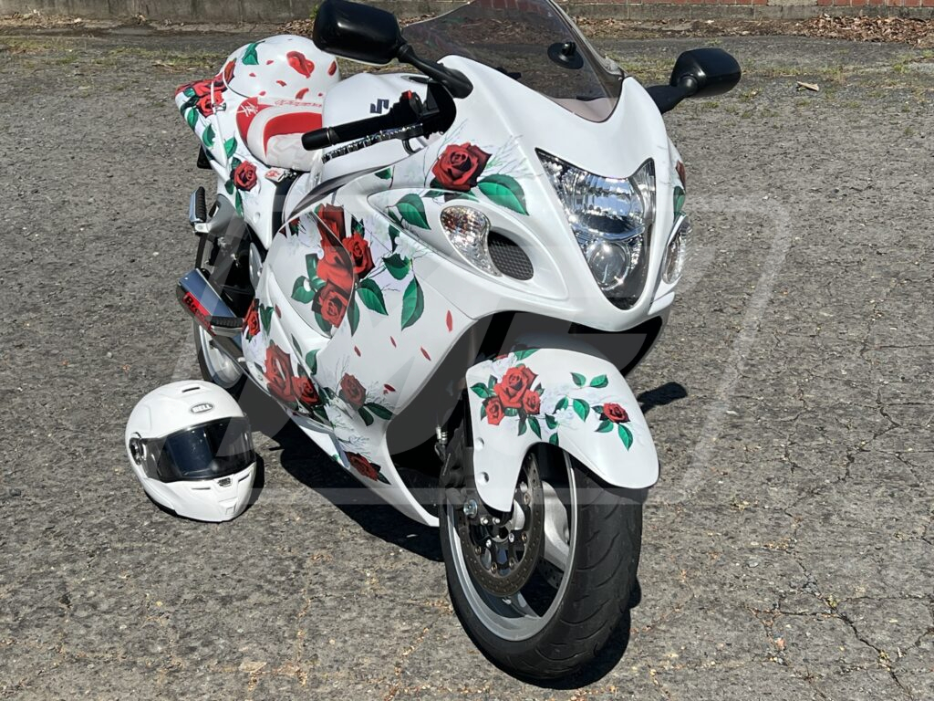 Suzuki GSXR 1300 custom ABS fairings 2008 - 2020 in Gloss Pearl White With Roses - durable replacement kit, Monster Fairings